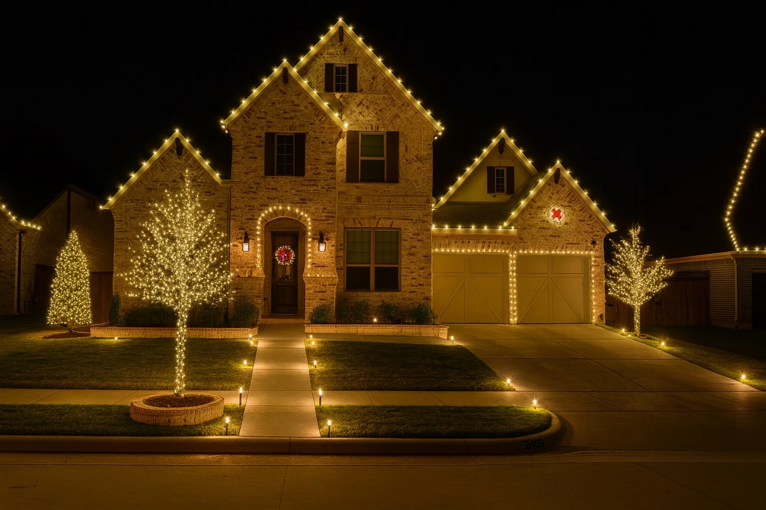 NorthStar warm white Christmas light installation outlining a two-story home, trees, garage, and walkway